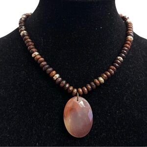 Vintage Cookie Lee Brown Bronzed Oval Pendant Beaded Necklace Boho Stylish